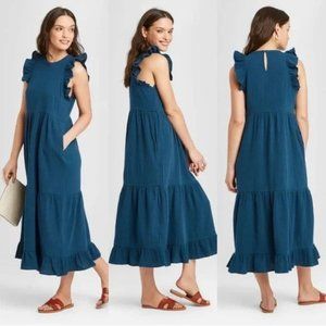 Universal Thread Blue Sleeveless Tiered Ruffle Midi Dress